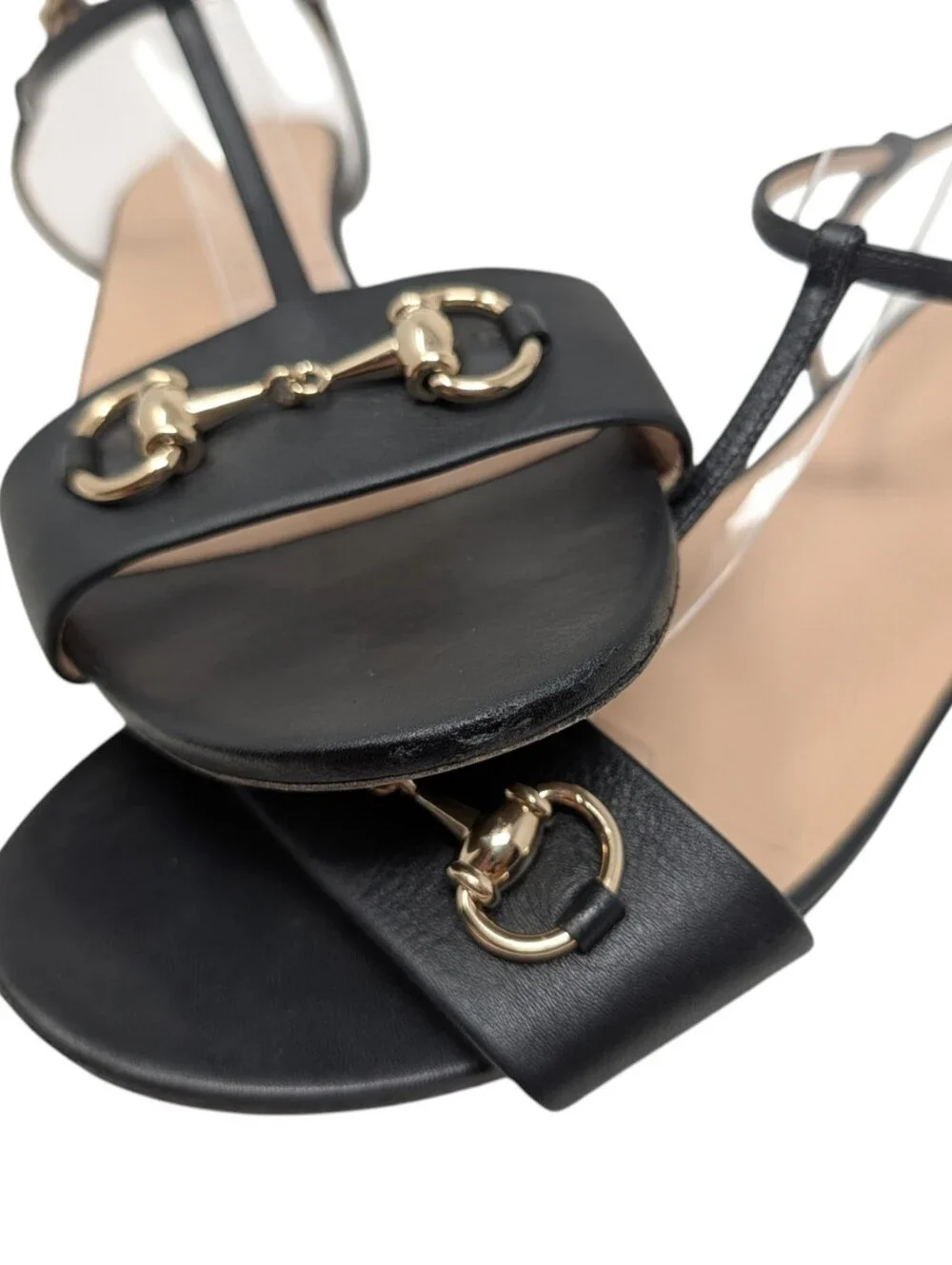Gucci Horsebit Flat Black Leather T-Strap Sandals Size EU 40.5